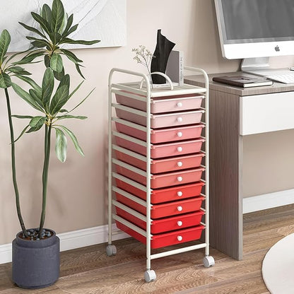 OFFICEJOY Storage Cart, Rolling Utility Cart with 10 Drawers, Portable Handles & Lockable Wheels, Mobile Paper Toys Storage Organizer Large Capacity for Home Office School Teacher (Gradient Pink)