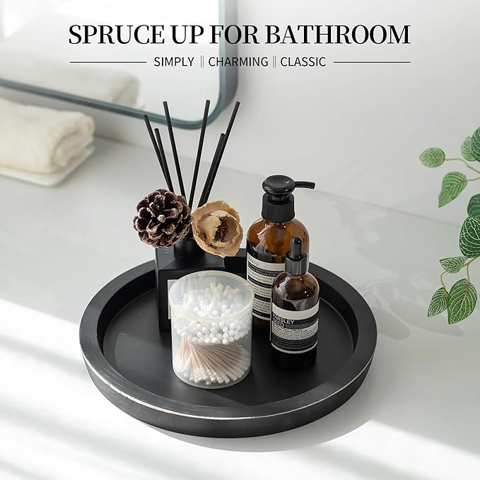 Hanobe Candle Plate Holder Tray: Round Wood Decorative Candle Plate - Rustic Farmhouse CoffeeTable Decor - Tealight Pillar Trays for Home Decor (Black)
