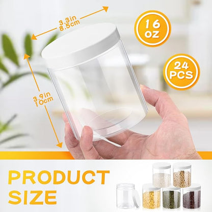 Irenare 24 Pcs 16 oz Plastic Jars with Lids Clear Plastic Containers Wide Mouth Food Mason Jars Airtight Storage Containers for Cake, Dried Fruit, Honey, Nuts, Carft, Scrub Cream(White Lids)