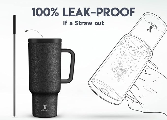 Meoky 40oz Tumbler with Handle, Leak-proof Lid and Straw, Insulated Coffee Mug Stainless Steel Travel Mug, Keeps Cold for 34 Hours or Hot for 10 Hours (Night)