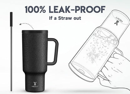 Meoky 40oz Tumbler with Handle, Leak-proof Lid and Straw, Insulated Coffee Mug Stainless Steel Travel Mug, Keeps Cold for 34 Hours or Hot for 10 Hours (Night)