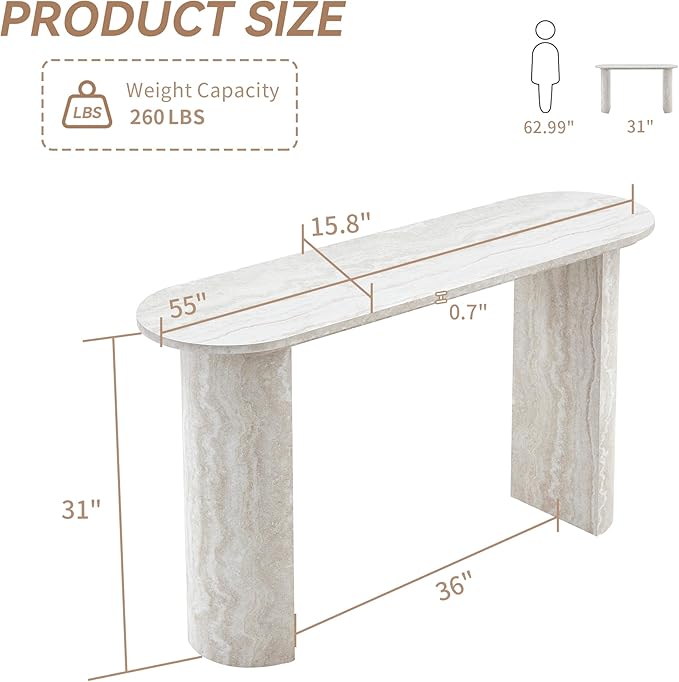 55 Inch Console Table, Modern Entryway Table with Rounded Corners, Narrow Sofa Table Behind Couch for Foyer, Hallway, Living Room,White