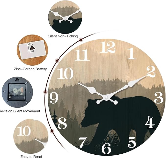 XFM Cabin Bear Wall Clock Battery Operated 10 Inch Silent Wooden Wall Clocks Rustic Farmhouse Wall Clocks for Lodge Living Room Kitchen Office Decor