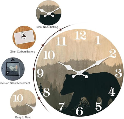 XFM Cabin Bear Wall Clock Battery Operated 10 Inch Silent Wooden Wall Clocks Rustic Farmhouse Wall Clocks for Lodge Living Room Kitchen Office Decor
