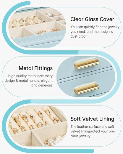 AKOZLIN Jewelry Box with Clear Lid Functional Leather Jewelry Storage Organizer Case 4 Drawers for Women Girls Necklace Ring Bracelet Earring BlueGrey