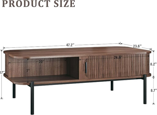 Coffee Table, 47.2" Mid Century Modern Coffee Tables for Living Room, Coffee Table with Storage Open Shelf, Fluted Table with Sliding Cabinet Door, 2-Tier Rustic Wood Desktop, Walnut