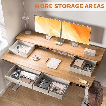 Electric Standing Desk, 63 * 30 Inches Adjustable Height with 4 Drawers, Double Storage Shelves, Home Office Workstation Sit Stand up Desk (Nature)