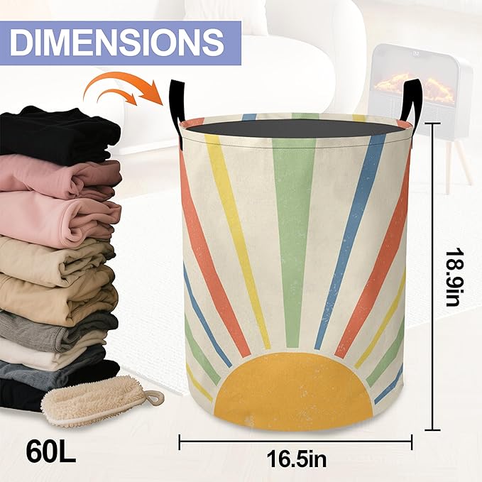 Boho Colored Sun Laundry Basket-Large Foldable Hamper Holder Portable Tall Collapsible Laundry Hamper Storage Basket Bin with Handles, Canvas & Waterproof lining for Household Items
