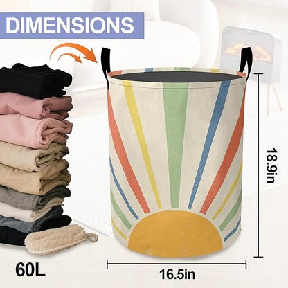 Boho Colored Sun Laundry Basket-Large Foldable Hamper Holder Portable Tall Collapsible Laundry Hamper Storage Basket Bin with Handles, Canvas & Waterproof lining for Household Items