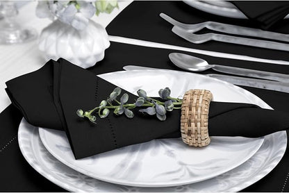 Solino Home Black Linen Napkins Set of 4-100% Pure Linen Hemstitch Dinner Napkins 20 x 20 Inch for Winter, Spring, Easter - Classic Hemstitch