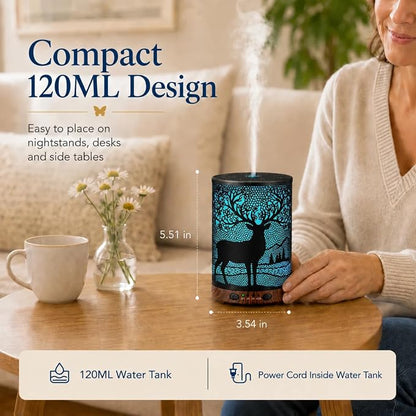 Essential Oil Diffuser 120ML Metal Aromatherapy Diffuser with Timer, Cool Mist Humidifier with Auto Shut-Off & 7 Color Lights for Home Office Spa (Forest Deer)