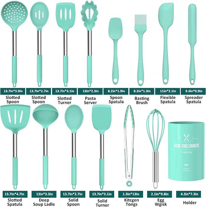 Silicone Cooking Utensil Set, Umite Chef 15pcs Silicone Cooking Kitchen Utensils Set, Non-stick - Best Kitchen Cookware with Stainless Steel Handle - Green