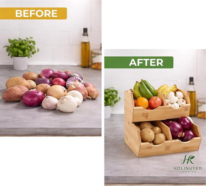 Bamboo Pantry Storage Bins Set of 3, Stackable Potato and Onion Storage Bin, Produce Organizer for Pantry, Wooden Fruit Vegetable Storage Bins with Handles & Slide-Out Access