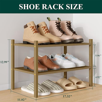 Smiry Small Bamboo Shoe Rack 2-Tier, Stackable Wooden Shoe Organizer for Entryway & Closet, Free Standing Wood Shoe Storage Shelf for Front Door & Small Spaces, Brown