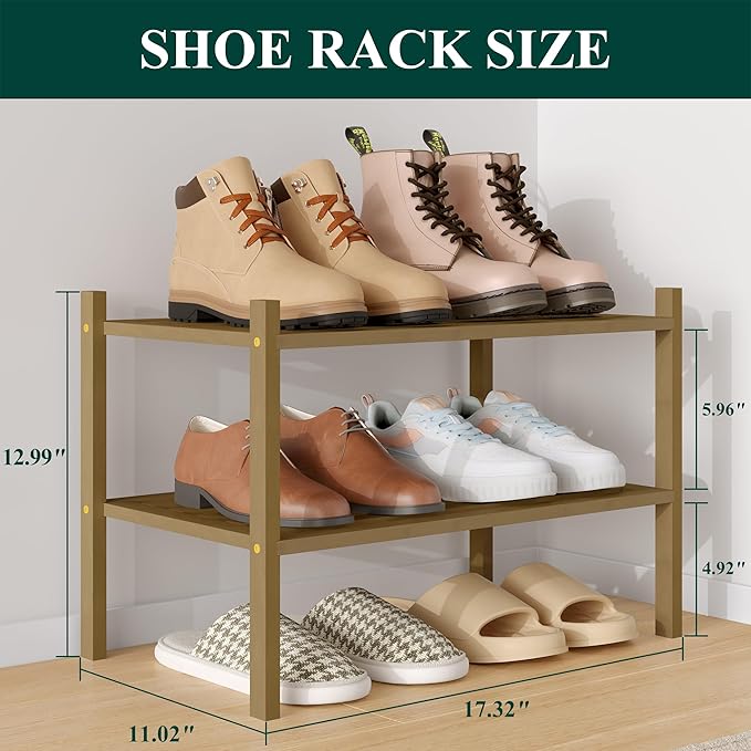 Smiry Small Bamboo Shoe Rack 2-Tier, Stackable Wooden Shoe Organizer for Entryway & Closet, Free Standing Wood Shoe Storage Shelf for Front Door & Small Spaces, Walnut