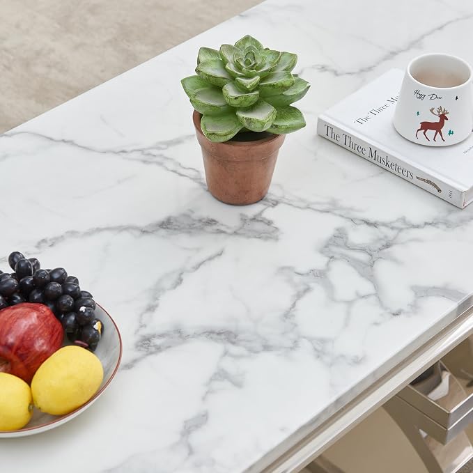 1 Piece Living Room Coffee Table Luxury Faux Marble Center Table, Modern White Silver Coffee Table with Double O Shape Stainless Steel Pedestal Base, 1 Table Only