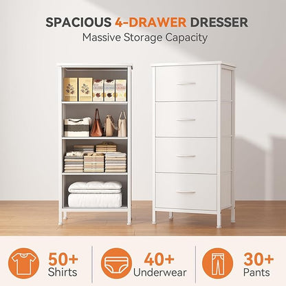 Sweetcrispy 4 Fabric Drawer Small Dresser, Bedside Nightstand with Wooden Top Sturdy Frame, Entryway Closet Bedroom Storage Cabinet Furniture for Dorm,White