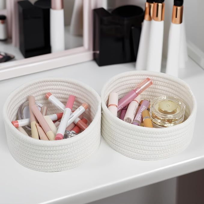 Small Basket, Set of 3 Small Woven Baskets, Cotton Rope Baskets for Organizing, Cute Mini Tiny Baskets for Nursery, Decorative Boho Round Storage Basket Bathroom Organization Bin