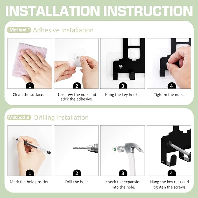 Key Holder Wall Mount, Metal Adhesive Key Hanger with 10 Hooks, 2 Installation Methods, Black