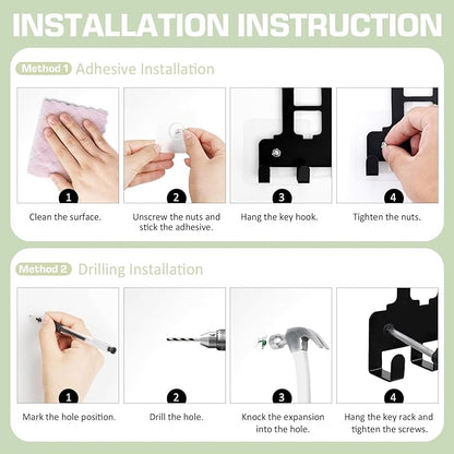 Key Holder Wall Mount, Metal Adhesive Key Hanger with 10 Hooks, 2 Installation Methods, Black