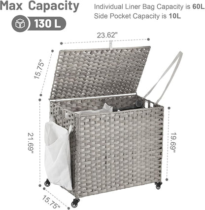 Laundry Hamper with Wheels, 34.3 Gallon(130L) Rolling Laundry Basket with Lid, Removable Large 2 Color Liners & 3 Mesh Laundry Bags, Clothes Hamper with Side Pocket, Grey