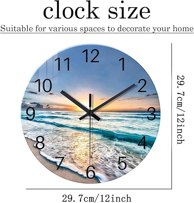 Blue Beach Wall Clock for Bedroom Glass Wall Clocks Battery Operated 12 Inch Analog Wall Clock Silent