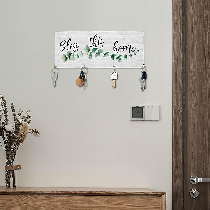 Bless This Home Wooden Key Holder for Wall - 5"x10" Key Organizer Hanger with 4 Hooks for Front Door Hallway Entryway Kitchen - Home Office Decor & Housewarming Gifts Supplies - A01