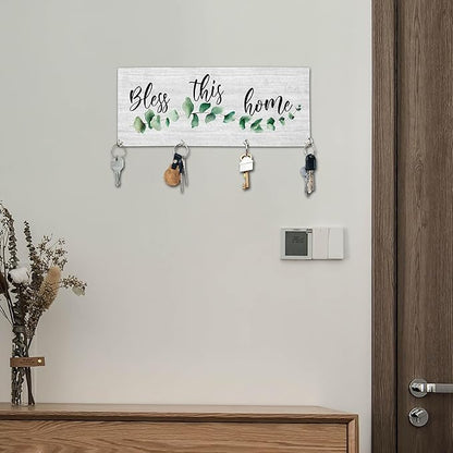 Bless This Home Wooden Key Holder for Wall - 5"x10" Key Organizer Hanger with 4 Hooks for Front Door Hallway Entryway Kitchen - Home Office Decor & Housewarming Gifts Supplies - A01