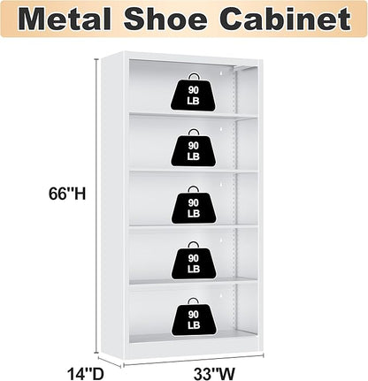 5-Space Heavy Duty Steel Shoe Rack, 4-Tier Adjustable Shoe Shelf with Back Panel, 66" Tall Open Shoe Organizer for Entryway, Closet, Apartment - Sturdy Metal Shoe Storage (White, 5 Tier-66"H*33W)