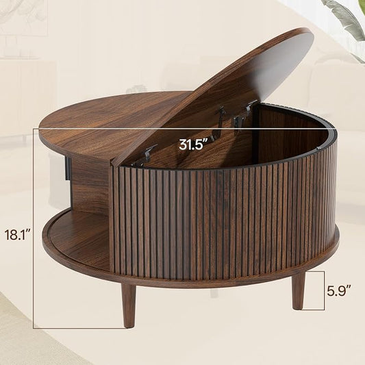 Round Coffee Table with Storage, Mid Century Modern Coffee Table, Fluted Dining Table with Sliding Door, Circle Coffee Table for Living Room Home Office, 31.5", Walnut