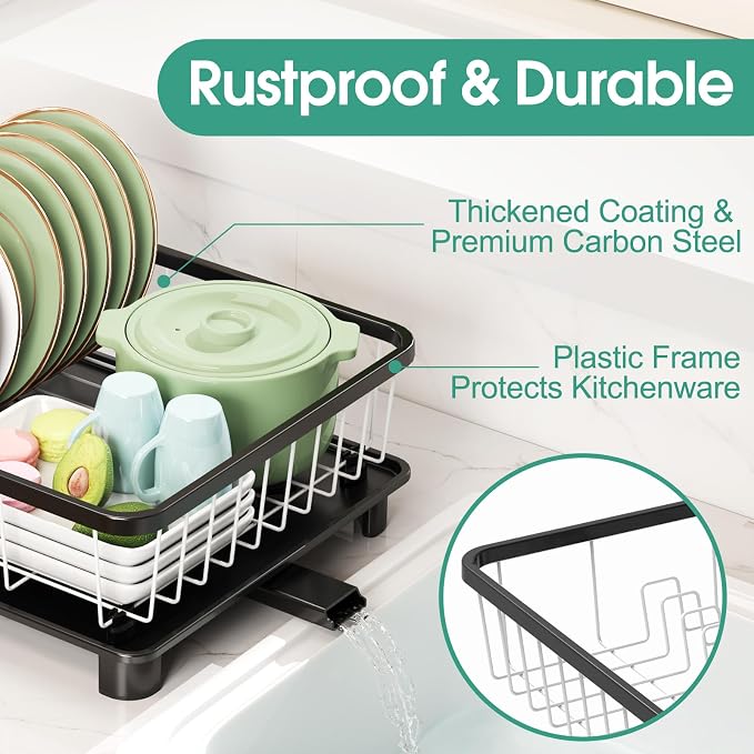 Hiviweer Dish Drying Rack - Space-Saving Dish Rack,Dish Racks for Kitchen Counter with Drainboard, Rustproof Dish Drainer with a Removable 4-Compartment Utensil Holder,Black-White
