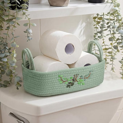 Vesici Eucalyptus Toilet Paper Basket Green Leaves Woven Cotton Rope Basket for Toilet Tank Top Botanical Bathroom Countertop Organizer for Bedroom Nursery Organizing, 13 x 6 x 4 Inch