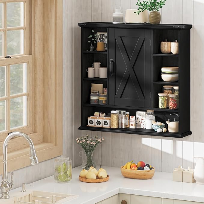 Bathroom Wall Cabinet, Farmhouse Medicine Cabinet with Adjustable Shelves and Barn Doors, Large Wall Mounted Over The Toilet Storage Cabinet for Bathroom, Laundry Room, Kitchen, Rustic Black
