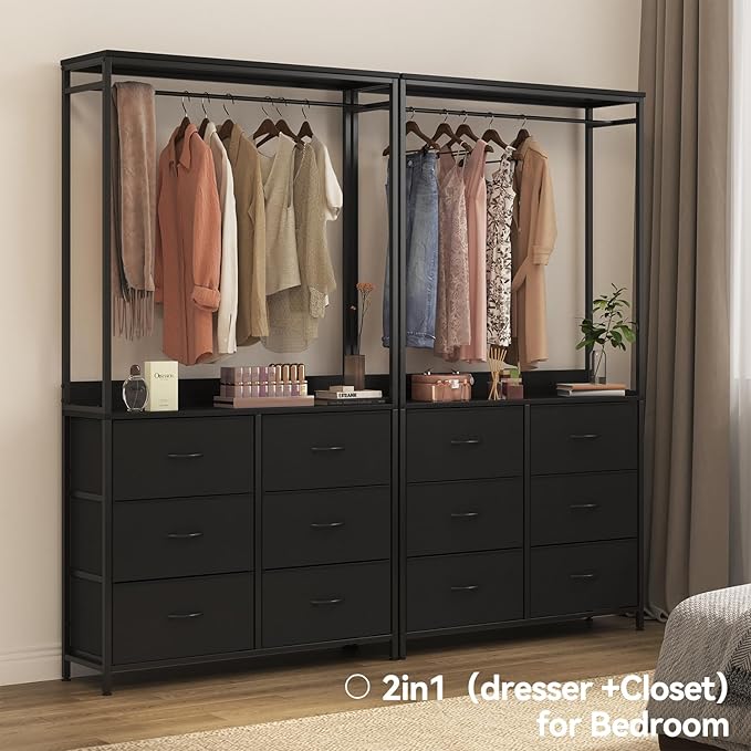 6 Dresser Drawer with Hanging Rack, 2-in-1Tall Dresser for Bedroom/Closet, Fabric Dressers & Chests of Drawers, Sturdy Alloy Steel Frame, Space Saving Closet Organizer
