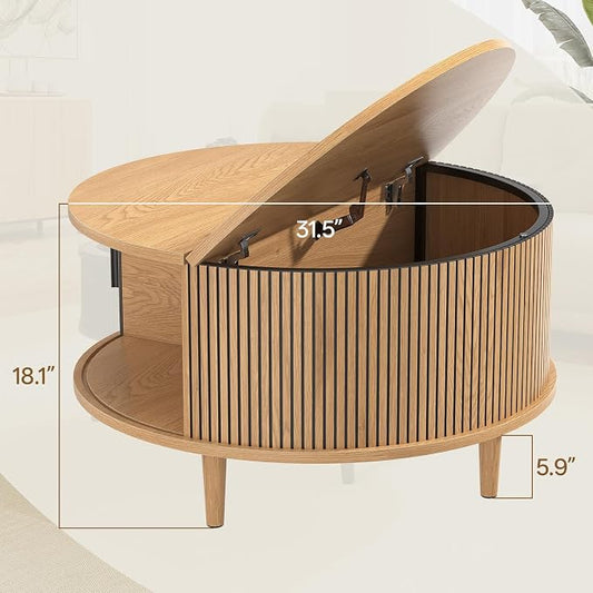 Round Coffee Table with Storage, Mid Century Modern Coffee Table, Fluted Dining Table with Sliding Door, Circle Coffee Table for Living Room Home Office, 31.5", Oak