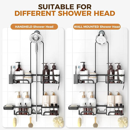 REINHARDT Shower Caddy Hanging for Handheld Showerheads Adjustable Split Shower Caddy, Rustproof Shower Organizer with Hooks for Razors Over the Head Caddy with Soap Holder Bathroom Accessories, Black