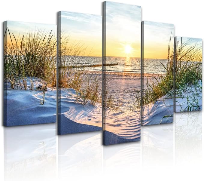 Canvas Wall Art For Living Room Large Size Wall Decor For Bedrooms Beach Grass Blue Ocean Landscape Painting Office Wall Decorations Seascape Print Canvas Pictures Artwork Home Decor Works 5 Piece