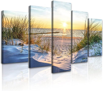 Canvas Wall Art For Living Room Large Size Wall Decor For Bedrooms Beach Grass Blue Ocean Landscape Painting Office Wall Decorations Seascape Print Canvas Pictures Artwork Home Decor Works 5 Piece