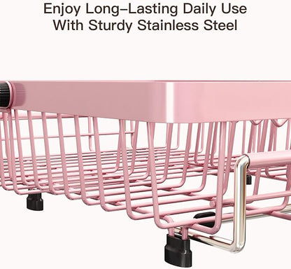 MAJALiS Pink Dish Drying Rack Over The Sink, Expandable Stainless Steel Dish Drainer for Small Kitchen Counter Space Saving, RV Compact Plate Strainer in Metal with Hanging Adjustable Utensil Holder