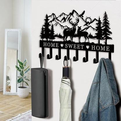 Deer Metal Key Holder for Wall, 14.5" X 9.2", Key Hooks for Wall Organizer, Key Rack, Forest Theme Coat Hat Towel Hooks, Ideal for Living Room, Hallway, Office