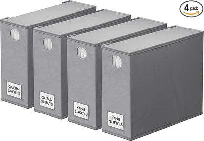 SpaceAid 4 Pack Bed Sheet Organizers and Storage, Foldable Organizer for Linen Closet, Sheets Set Folder Keeper with Window XL (Queen & King Size) Organizing Bedding Container, Gray 91ZDSN-SL01-G4