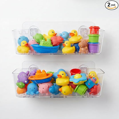 Bath Toy Storage Organizer 2 Pack, Clear Bathtub Toy Storage Holder with Drainage Holes, Quick-Dry Wall Mounted No Drill Bath Toy Holder and Shower Caddy for Kids’ Tub Toys