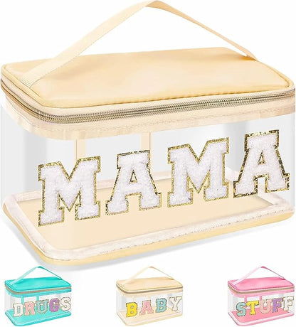 Chenille Letter Clear Makeup Bags Mama Pouch, Preppy Patch Makeup Bag Zipper with Handle, Transparent PVC & Nylon Waterproof Glitter Cosmetic Handbag Travel Toiletry Storage for Women Girl(MAMA-Beige)