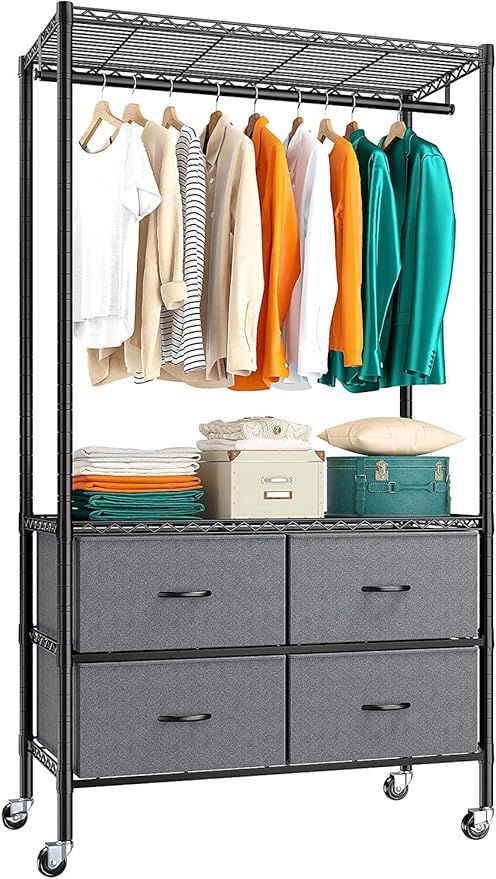 Raybee Rolling Clothes Rack for Hanging Clothes, Clothing Rack with 4 Fabric Drawers and Wheels, Portable,Adjustable,Sturdy,Black