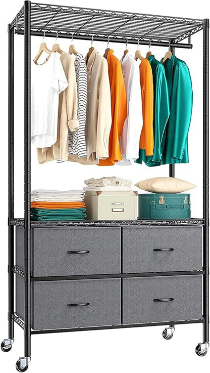 Raybee Rolling Clothes Rack for Hanging Clothes, Clothing Rack with 4 Fabric Drawers and Wheels, Portable,Adjustable,Sturdy,Black