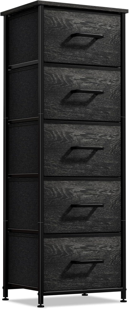 Sorbus Nightstand Dresser with 5 Faux Wood Drawers – Tall Bedside Table Chest with Storage, Steel Frame, Wood Top, Easy Pull Fabric Bins for Bedroom, Living Room, Closet & Dorm Furniture Lamp Stand