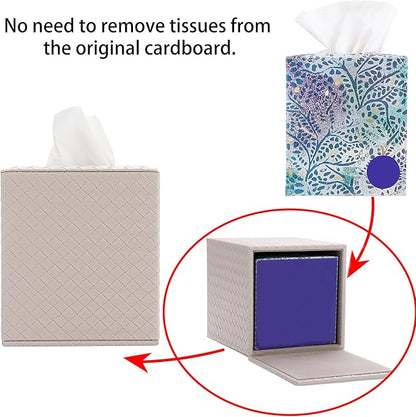 Sumnacon Square Tissue Box Cover, Stylish PU Woven Lozenge Pattern Tissue Box Holder with Magnetic Bottom, Classic Style, Beige