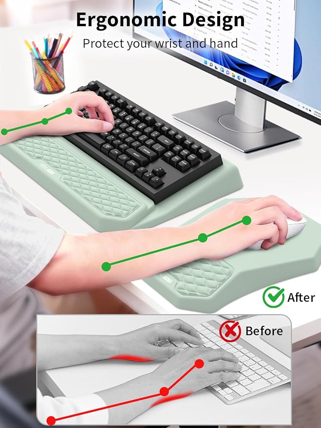 3-in-1 Ergonomic Keyboard Stand with Wrist Rest & Mouse Pad Set, Comfy Keyboard Riser Holder Soft Mousepad with Massage Design, Memory Foam and Non-Slip PU Base for Pain Relief, Light Green