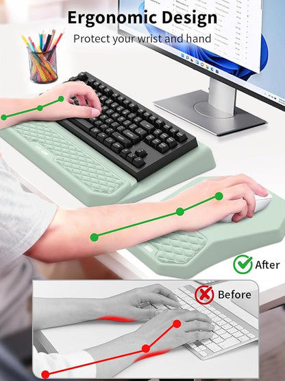 3-in-1 Ergonomic Keyboard Stand with Wrist Rest & Mouse Pad Set, Comfy Keyboard Riser Holder Soft Mousepad with Massage Design, Memory Foam and Non-Slip PU Base for Pain Relief, Light Green