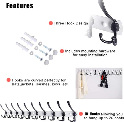 Dseap Coat Rack Wall Mount - 38” Long 10-Tri-Hooks Heavy Duty Coat Hanger Rail Wall Hooks for Hanging Coats Hats Clothing Clothes Purse Mudroom Entryway, White/Black